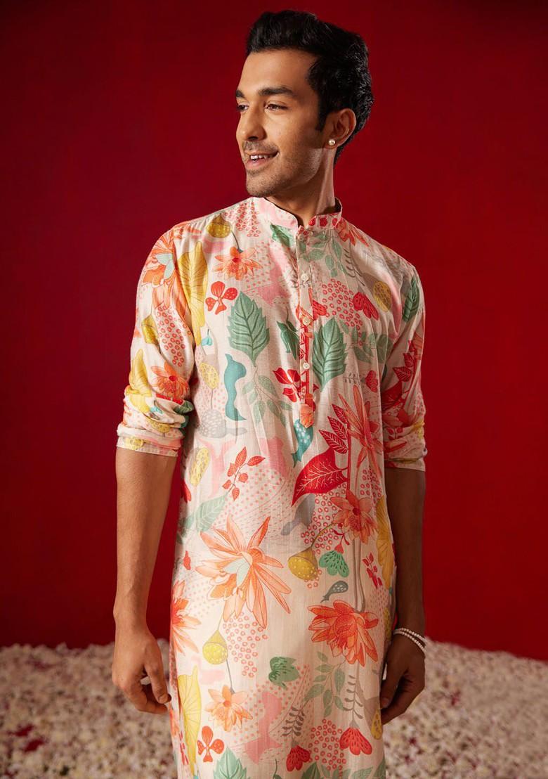 Pink Floral Print Poly Blend Kurta Set For Men