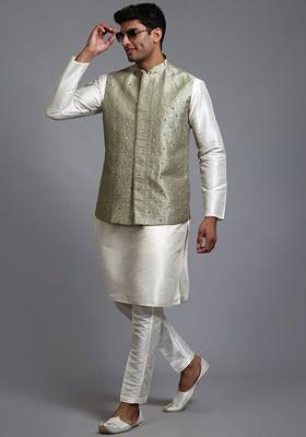 Cream Sequin Work Poly Blend Kurta Set For Men
