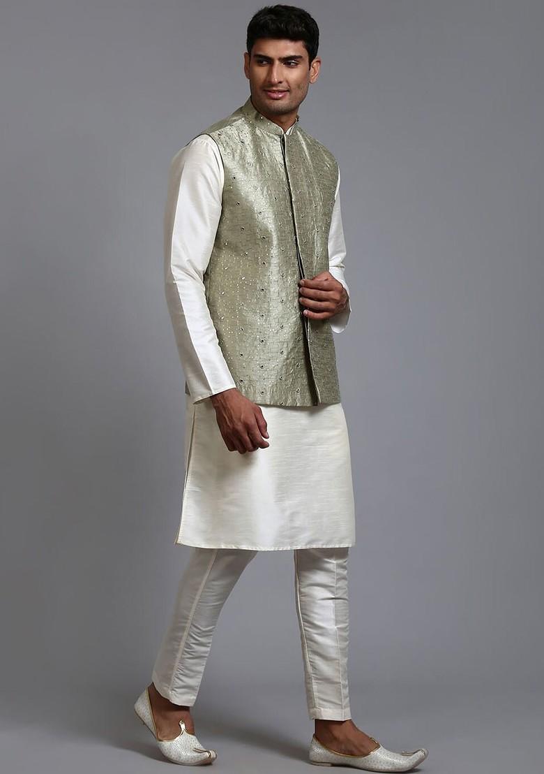 Cream Sequin Work Poly Blend Kurta Set For Men