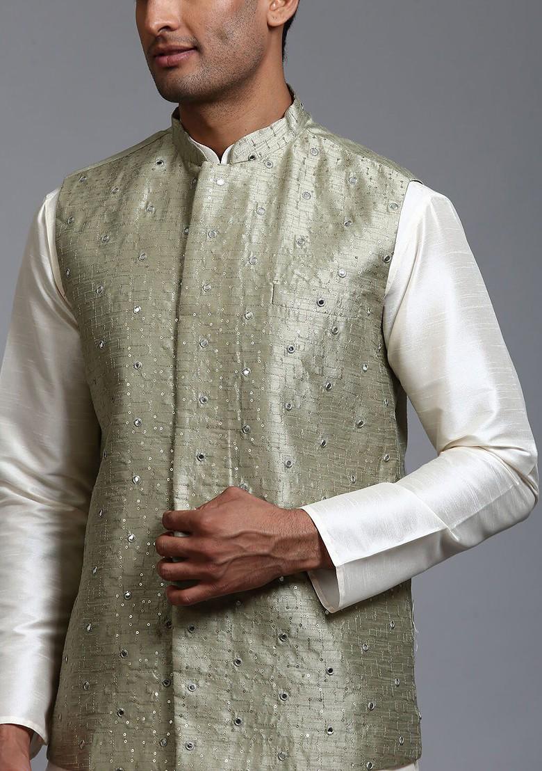 Cream Sequin Work Poly Blend Kurta Set For Men