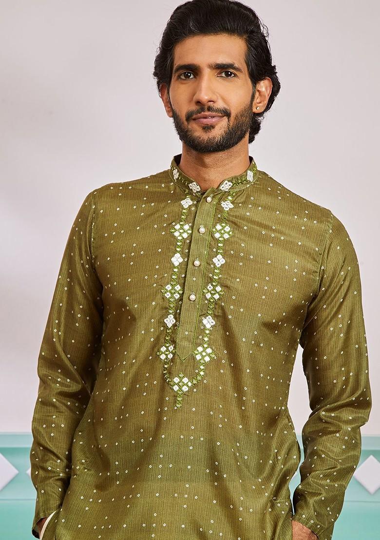 Green Bandhani Print Silk Kurta Set For Men