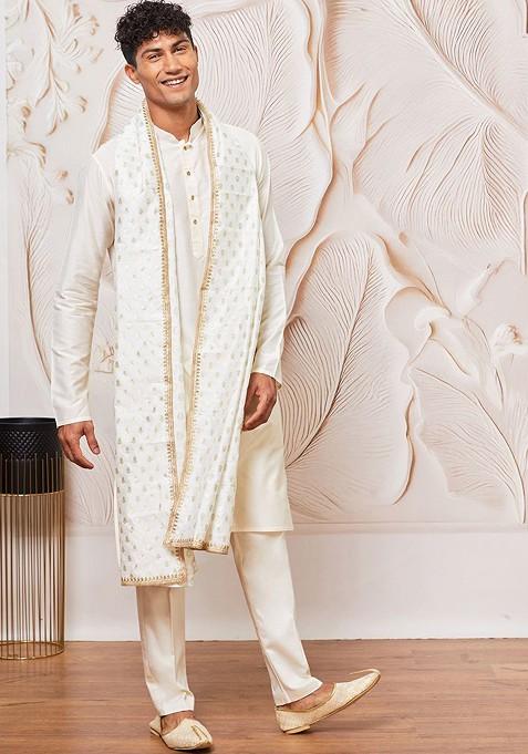 Cream Solid Poly Blend Kurta Set For Men