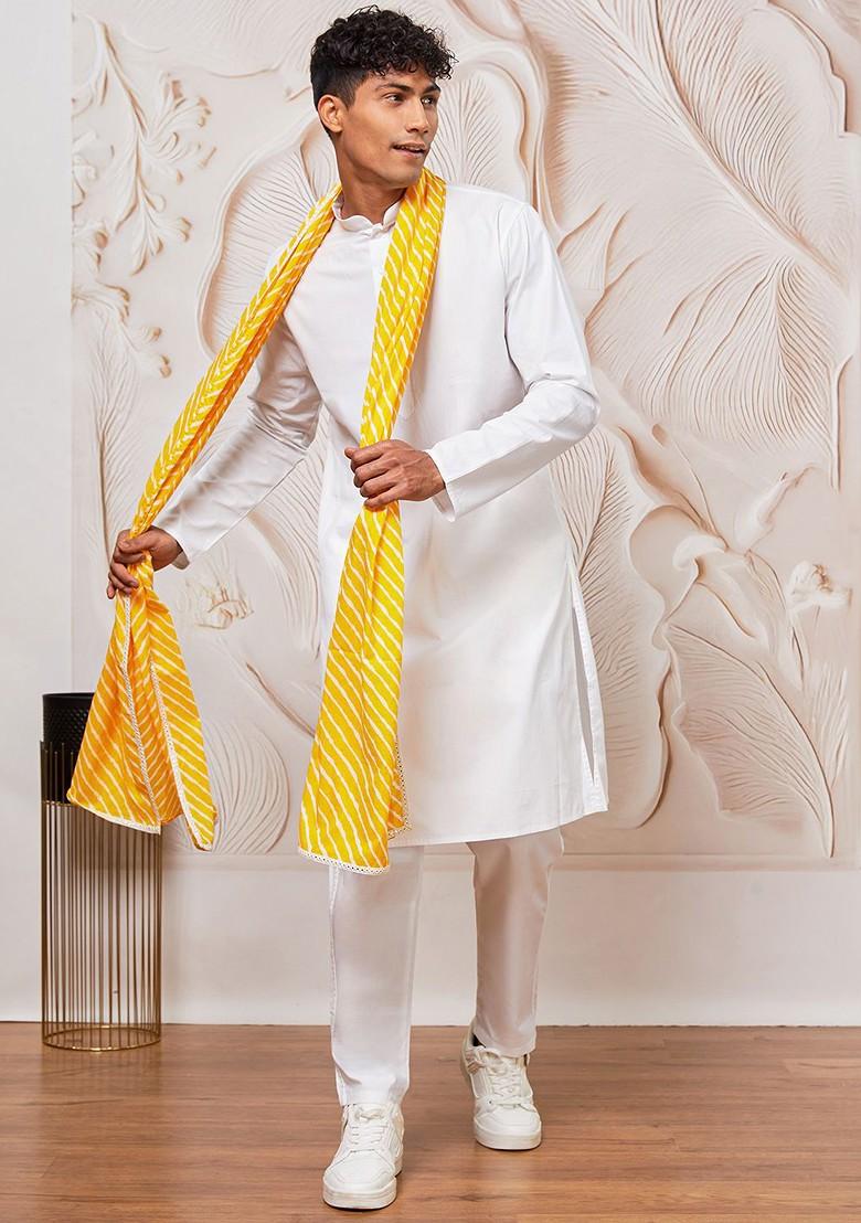 White Solid Cotton Kurta Set For Men