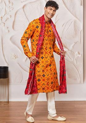 Yellow Printed Poly Blend Kurta Set For Men