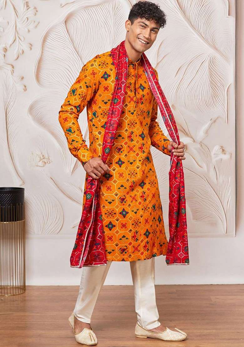 Yellow Printed Poly Blend Kurta Set For Men - Indya