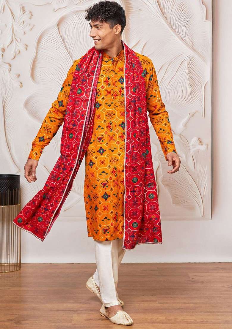 Yellow Printed Poly Blend Kurta Set For Men - Indya