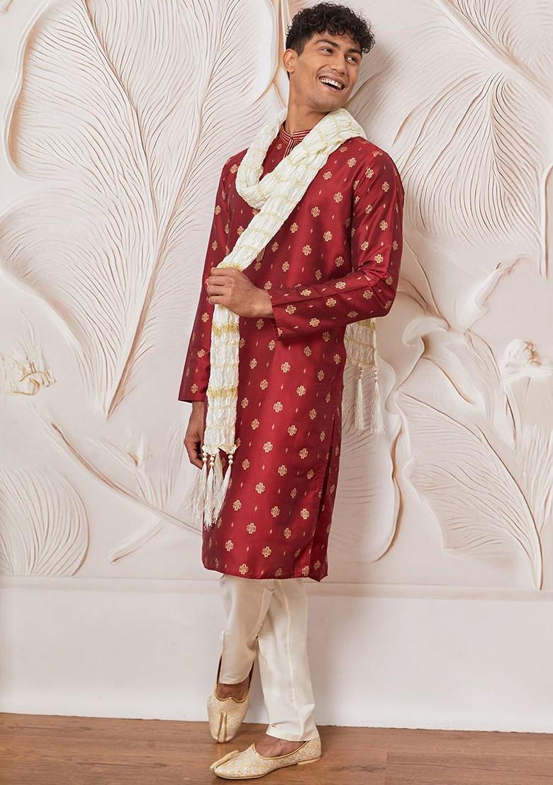 Maroon Ethnic Motifs Poly Blend Kurta Set For Men