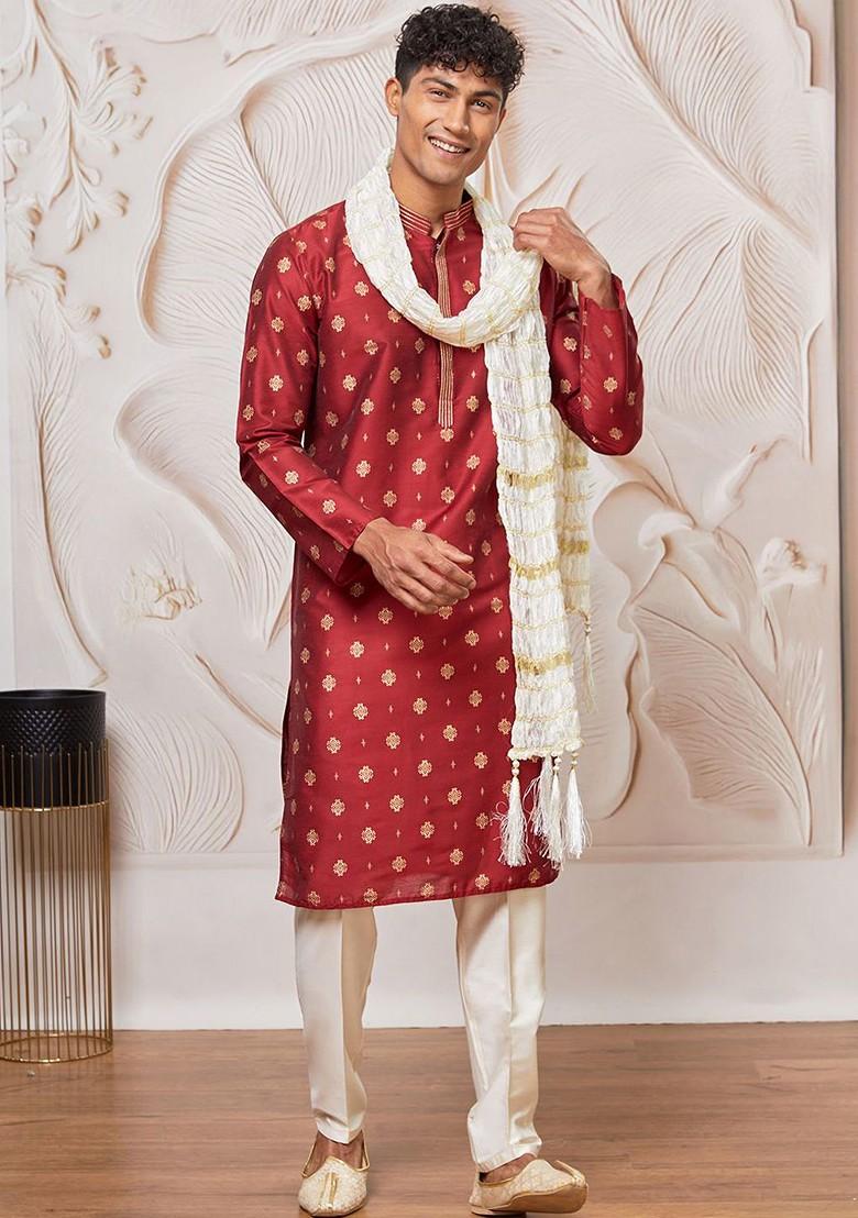 Maroon Ethnic Motifs Poly Blend Kurta Set For Men