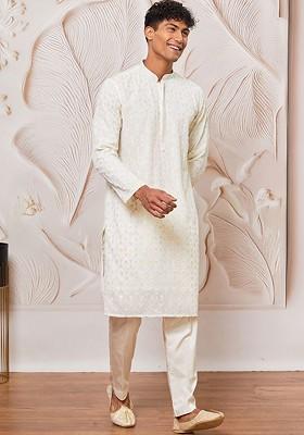 Cream Embroidered Poly Blend Kurta Set For Men