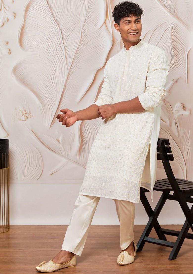 Cream Embroidered Poly Blend Kurta Set For Men