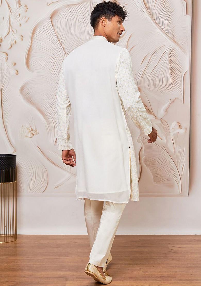 Cream Embroidered Poly Blend Kurta Set For Men