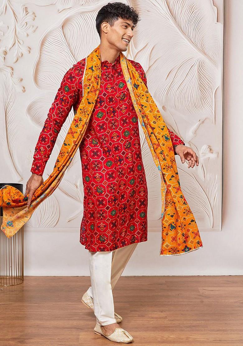 Red Printed Poly Blend Kurta Set For Men