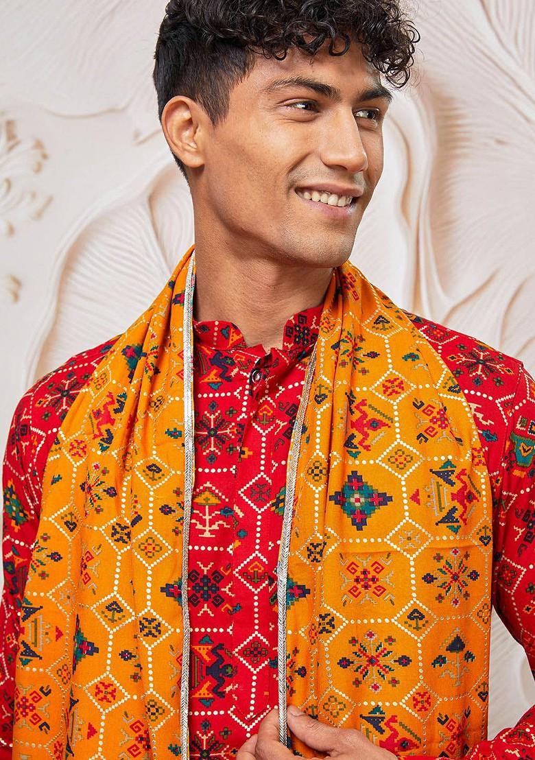 Red Printed Poly Blend Kurta Set For Men