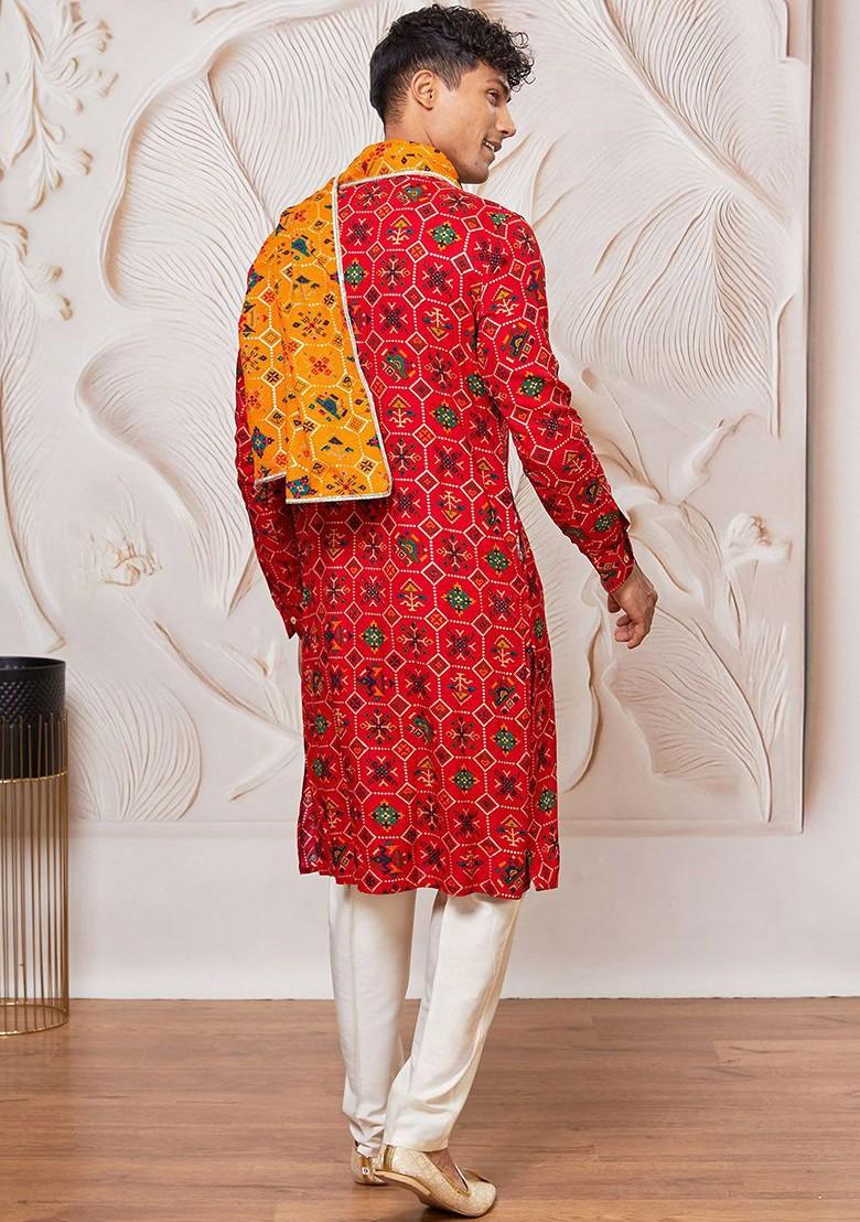 Red Printed Poly Blend Kurta Set For Men