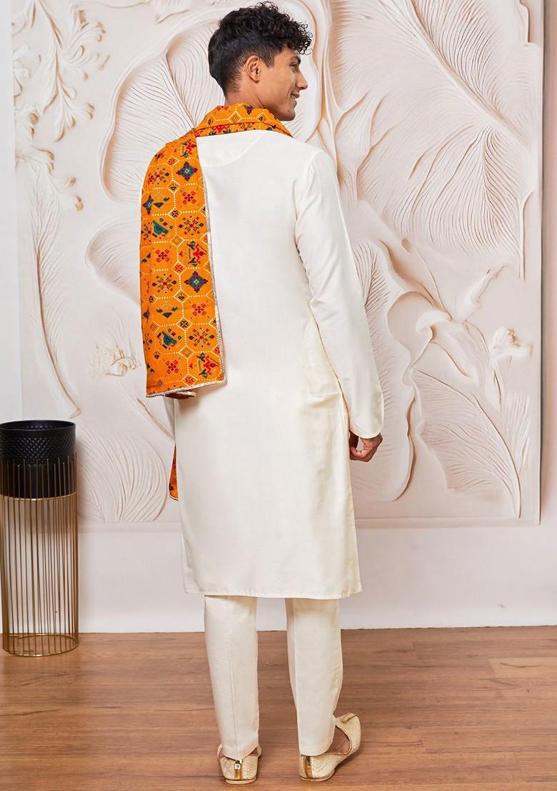 Cream Solid Poly Blend Kurta Set For Men
