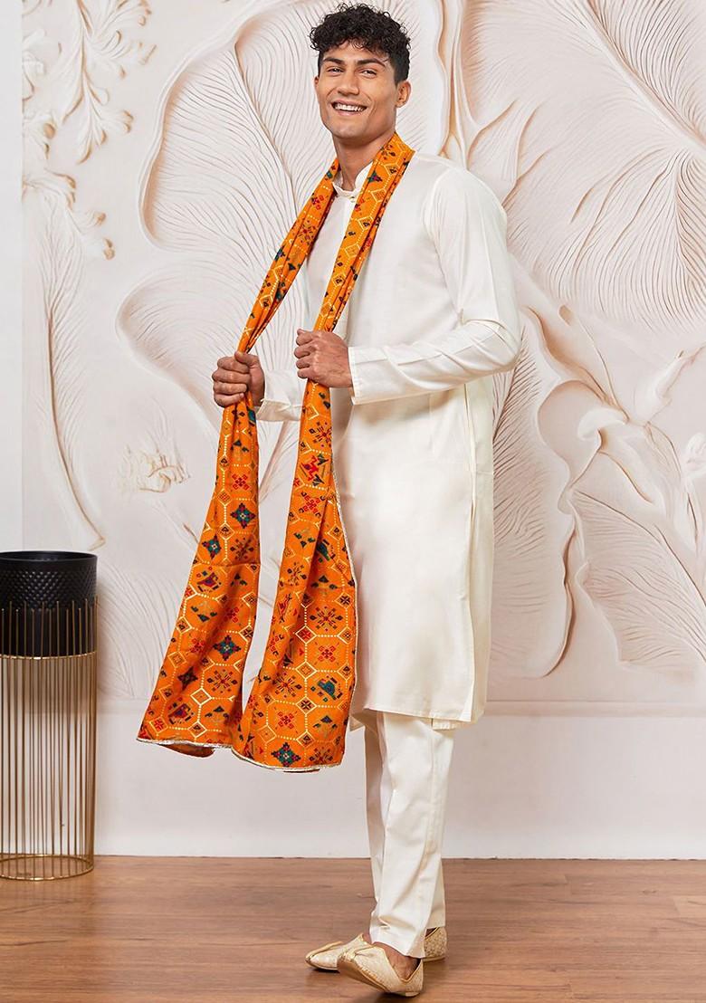 Cream Solid Poly Blend Kurta Set For Men