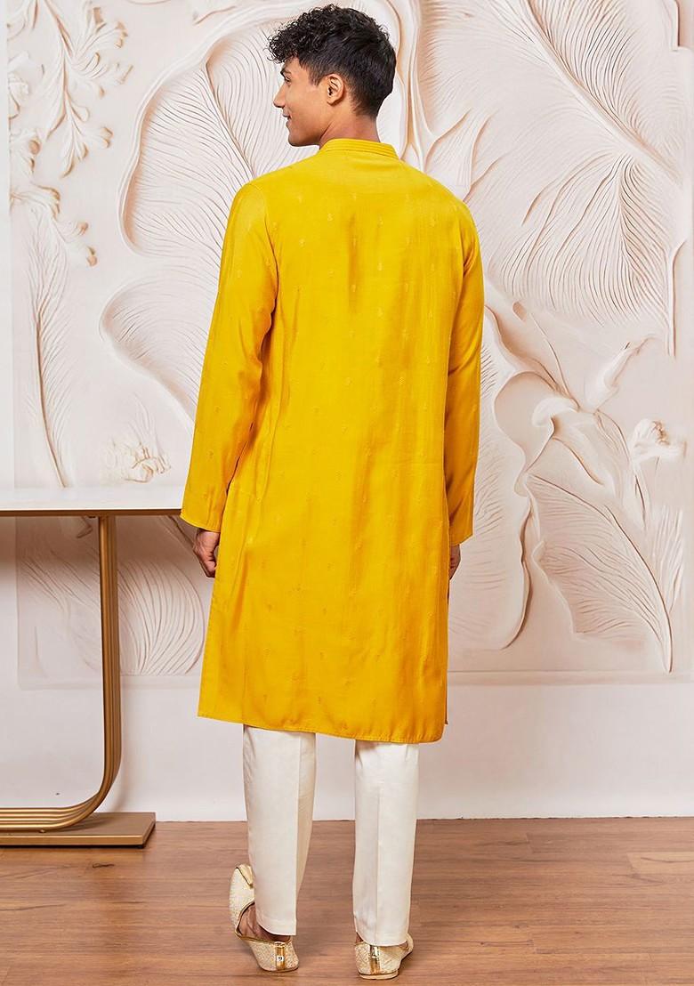 Mustard Embroidered Poly Blend Kurta Set For Men