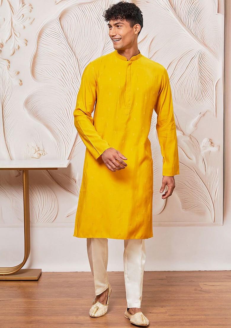 Mustard Embroidered Poly Blend Kurta Set For Men