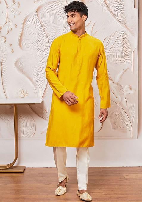 Mustard Embroidered Poly Blend Kurta Set For Men — view on Indya
