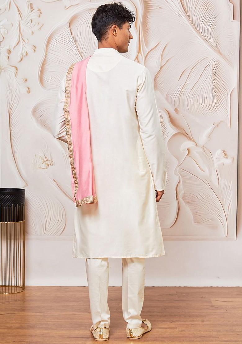 Cream Solid Poly Blend Kurta Set For Men