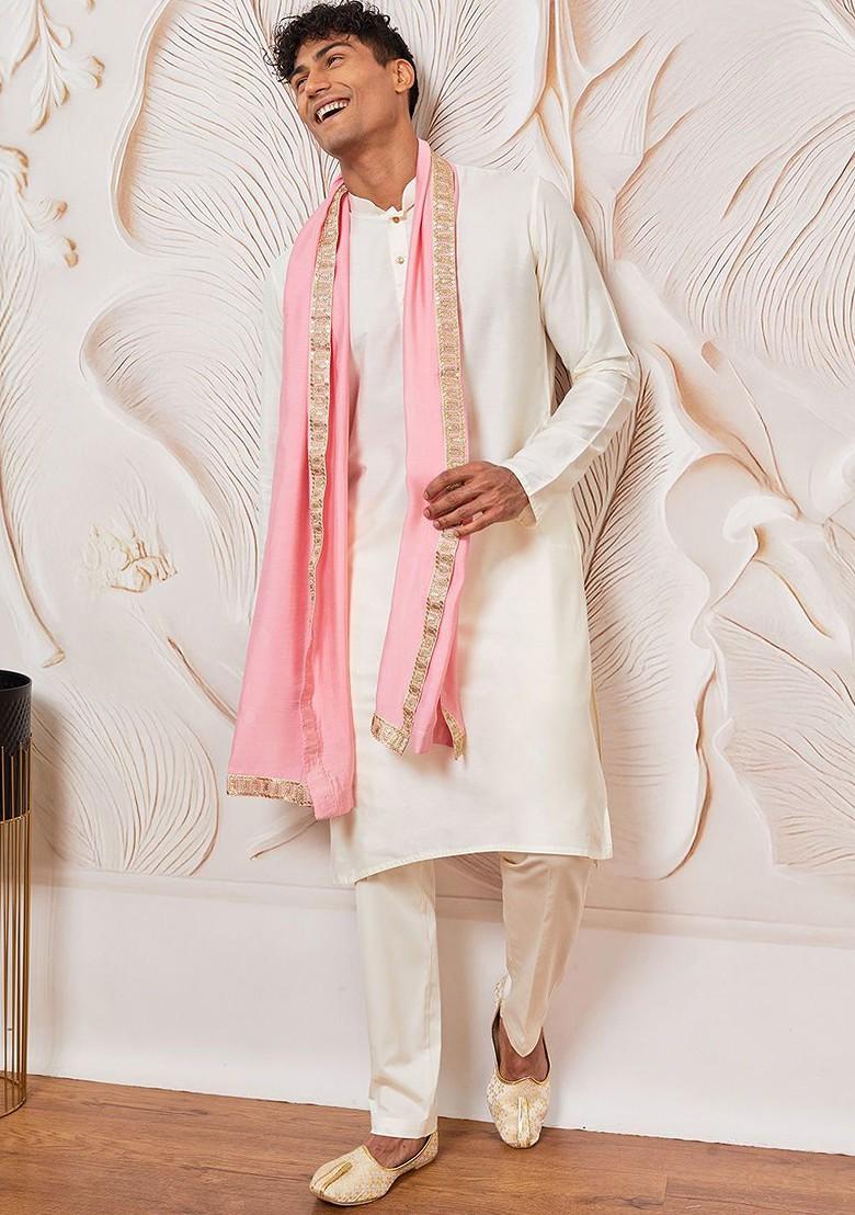 Cream Solid Poly Blend Kurta Set For Men
