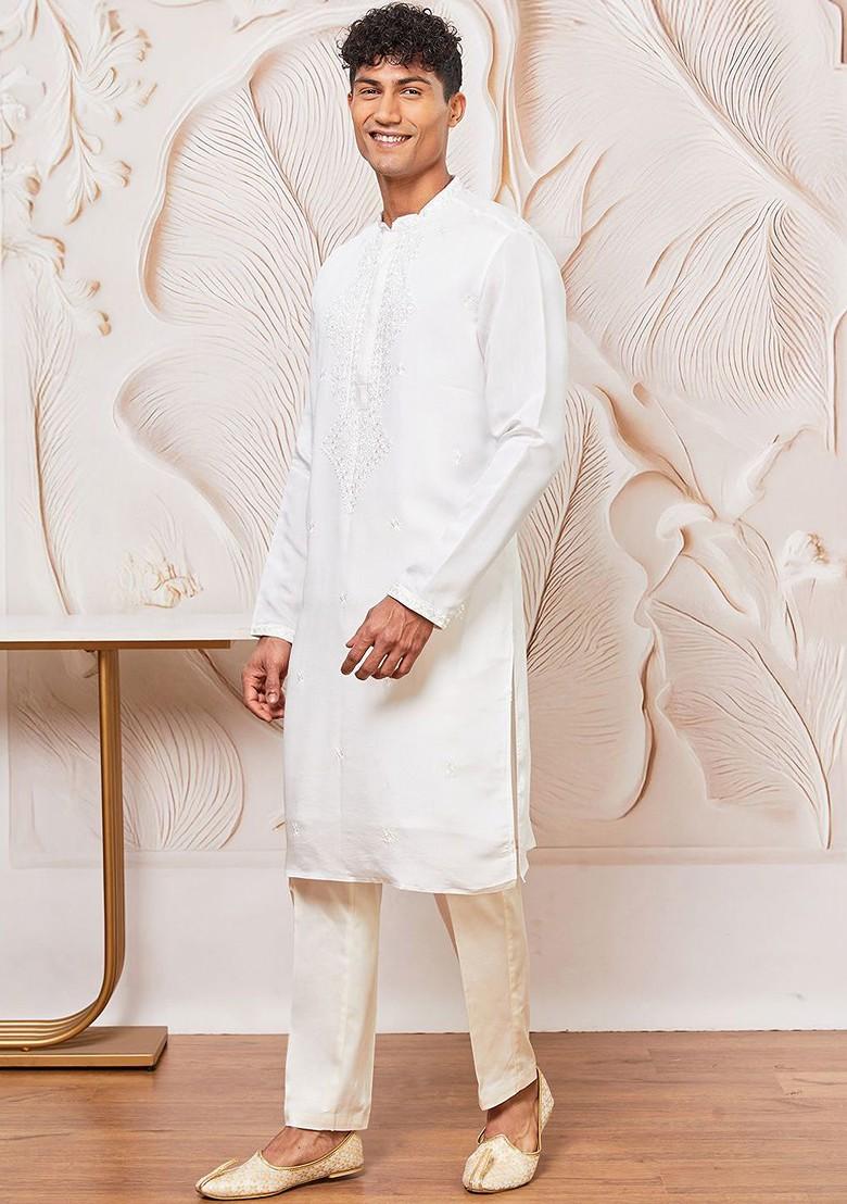 White Thread Work Poly Blend Kurta Set For Men