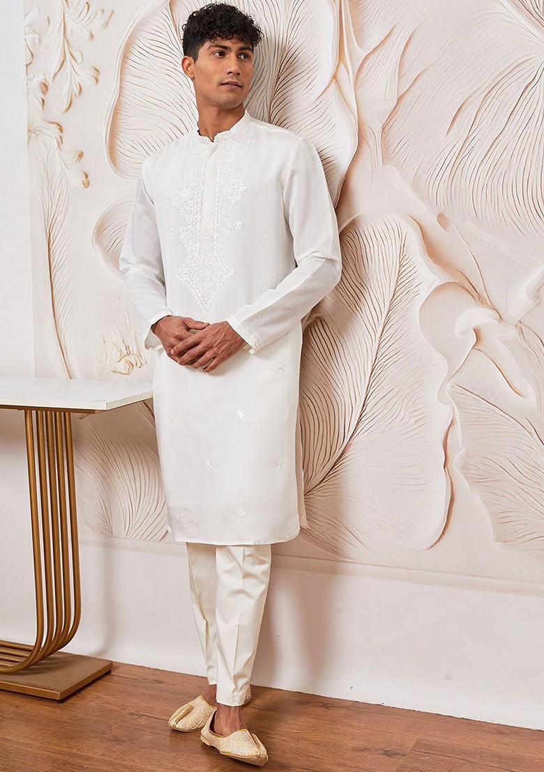 White Thread Work Poly Blend Kurta Set For Men