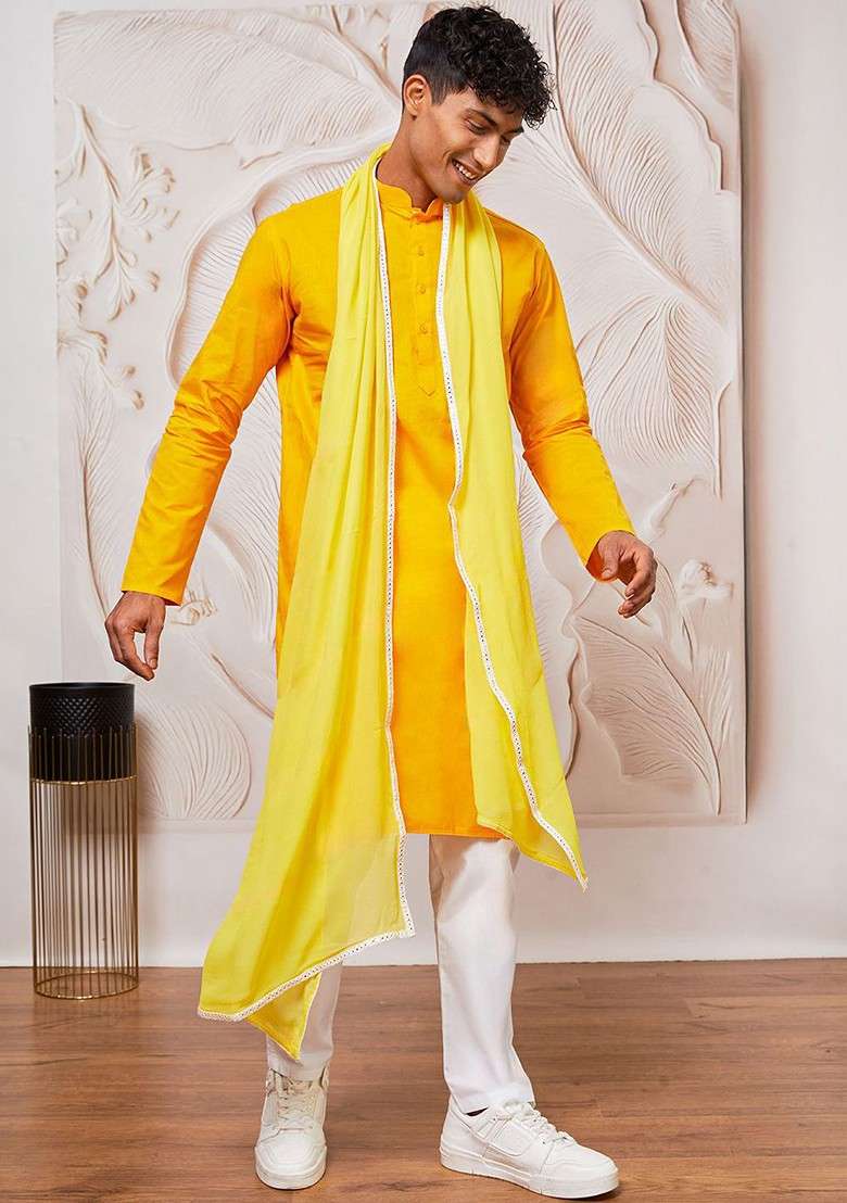 Yellow Solid Cotton Kurta Set For Men - Indya