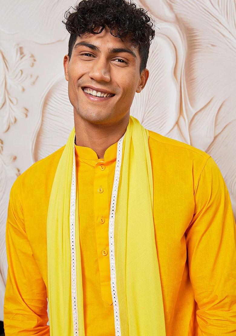 Yellow Solid Cotton Kurta Set For Men