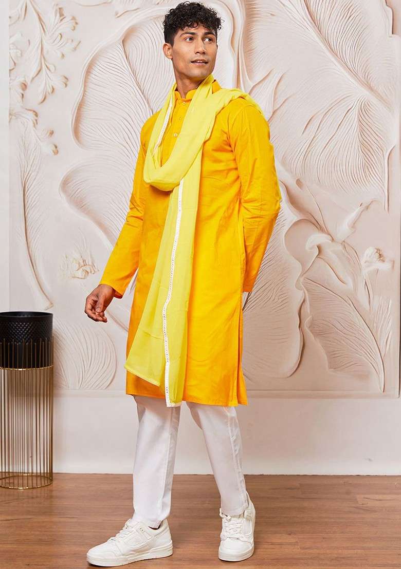 Yellow Solid Cotton Kurta Set For Men - Indya