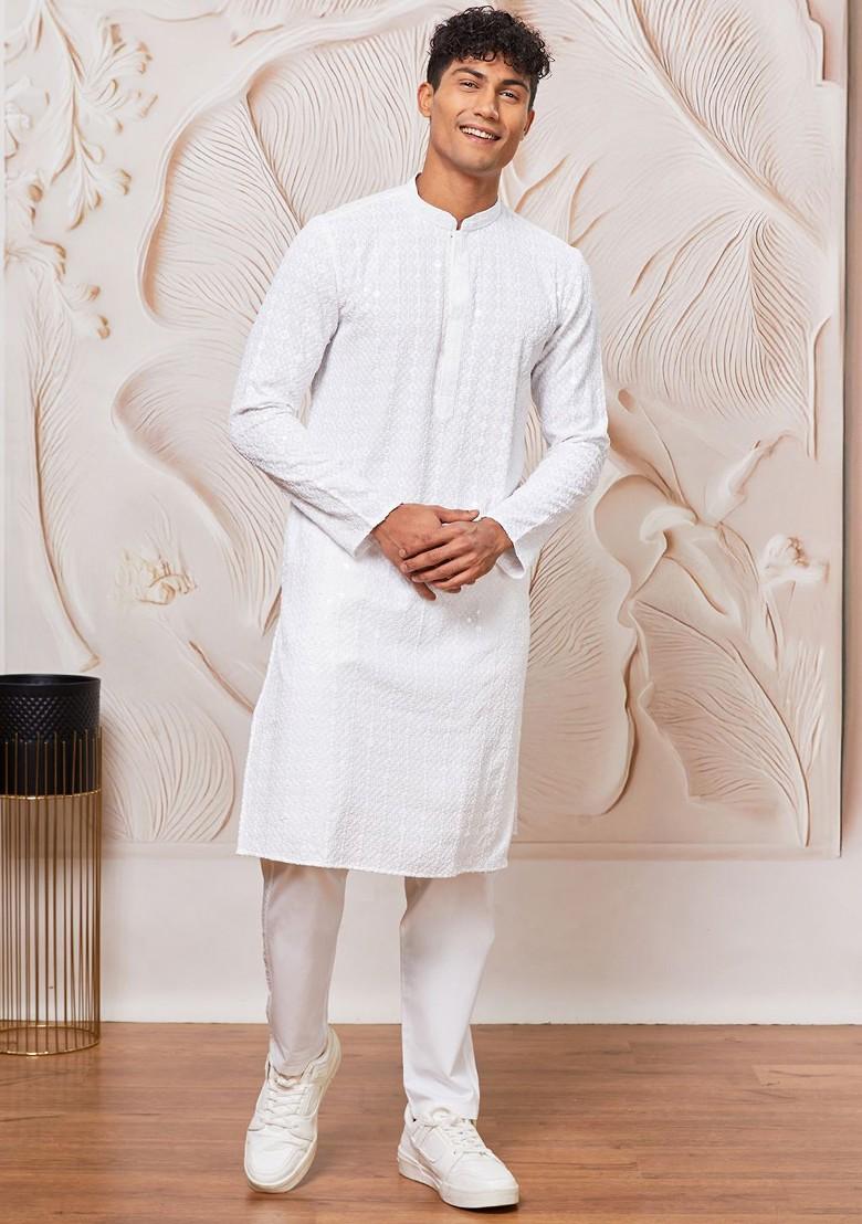 White Embroidered Poly Blend Kurta Set For Men