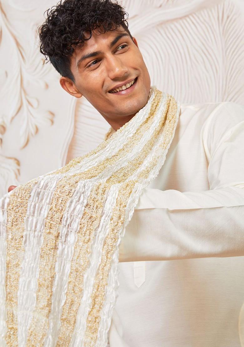 Cream Solid Poly Blend Kurta Set For Men
