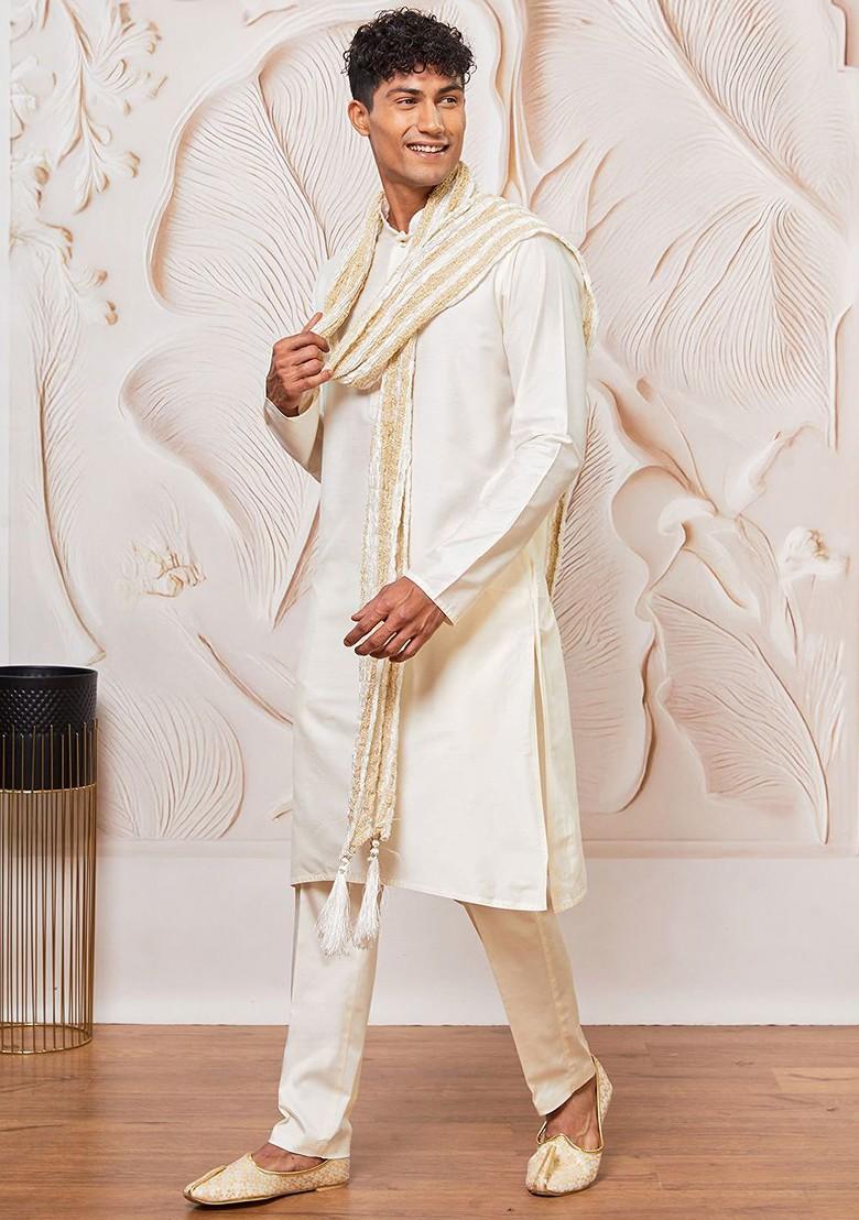 Cream Solid Poly Blend Kurta Set For Men