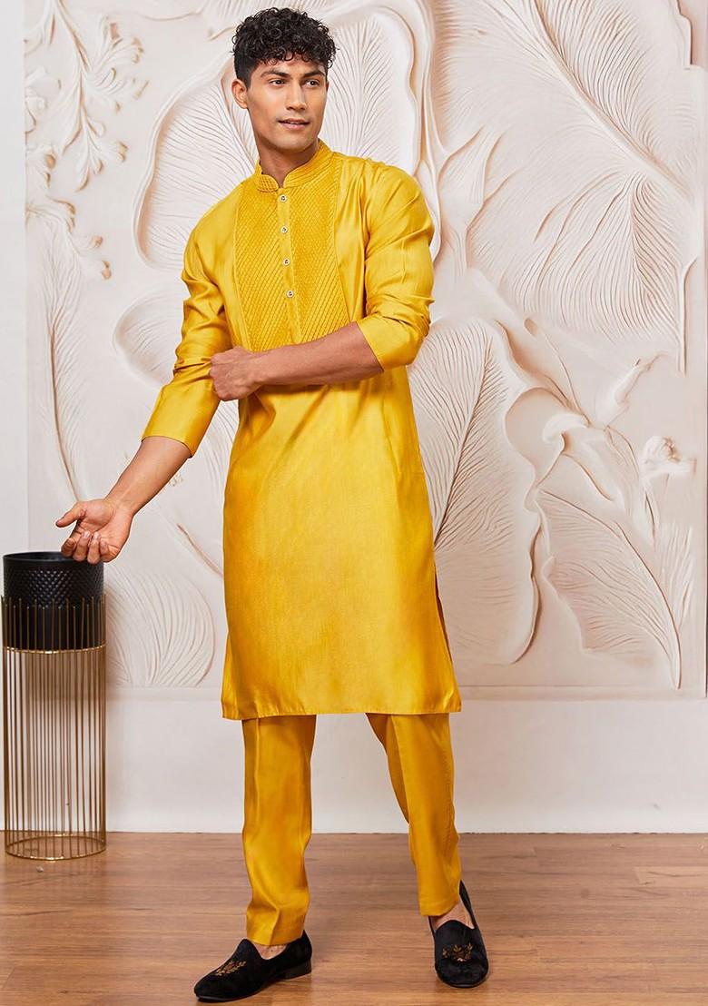 Mustard Solid Poly Blend Kurta Set For Men