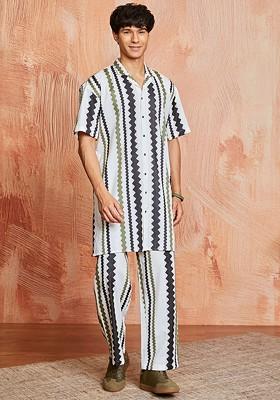 White Printed Poly Blend Kurta Set For Men
