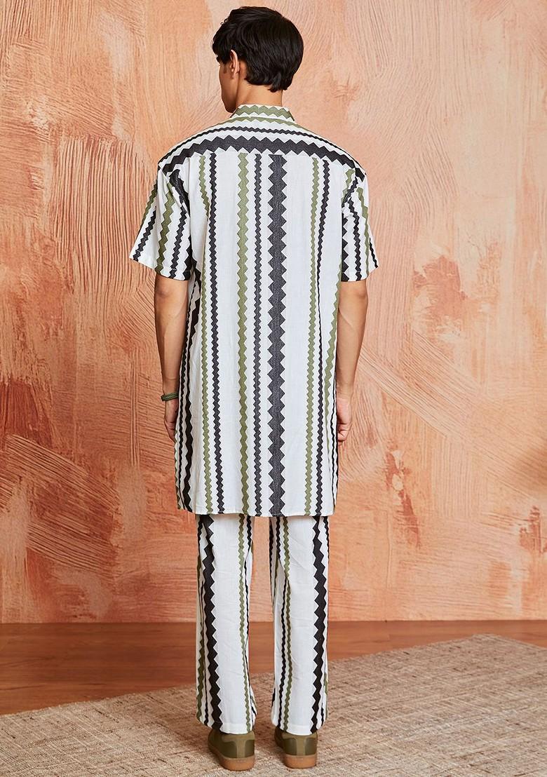 White Printed Poly Blend Kurta Set For Men