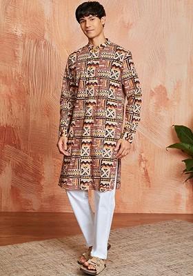 Brown Ethnic Motifs Poly Blend Kurta Set For Men
