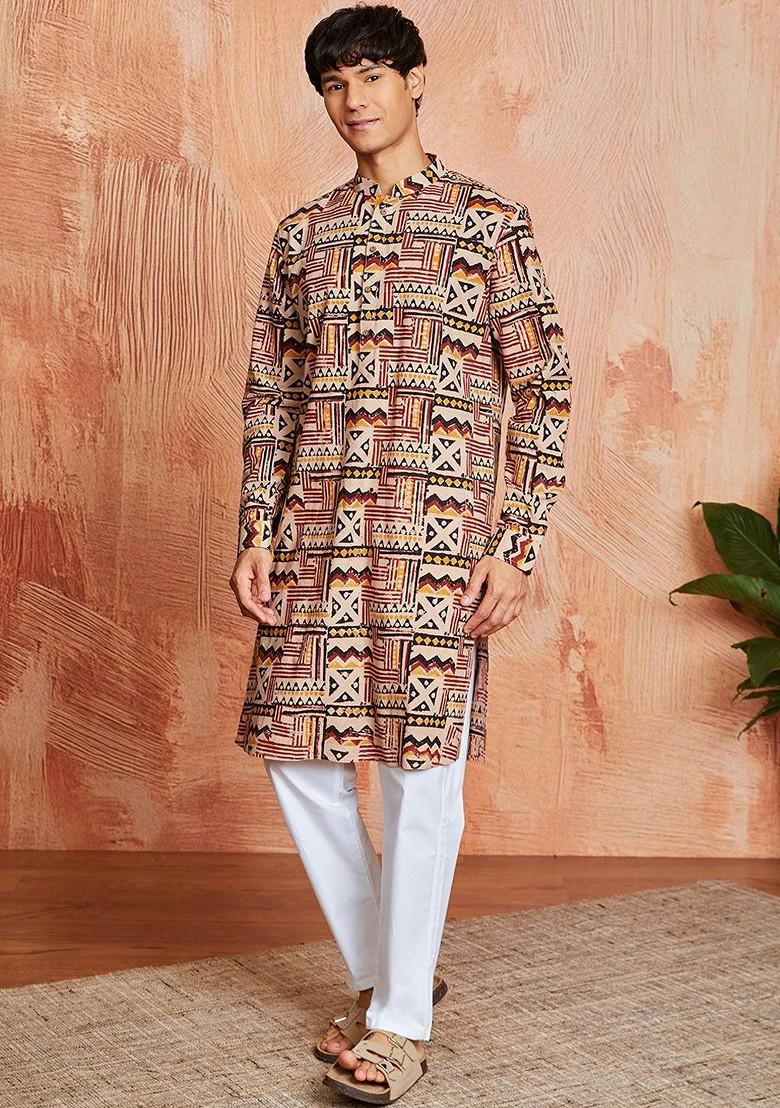 Brown Ethnic Motifs Poly Blend Kurta Set For Men
