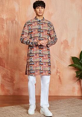 Beige Geometric Print Cotton Kurta Set For Men