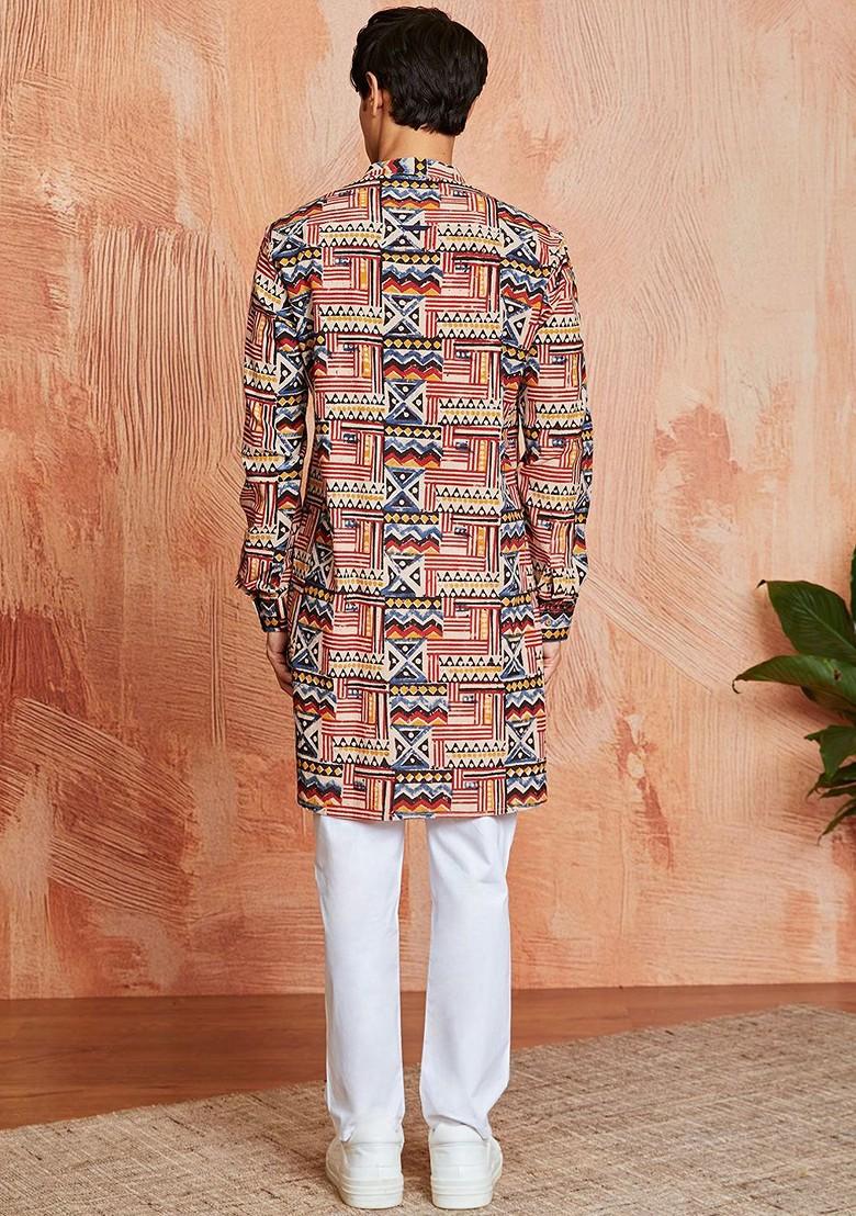 Beige Geometric Print Cotton Kurta Set For Men