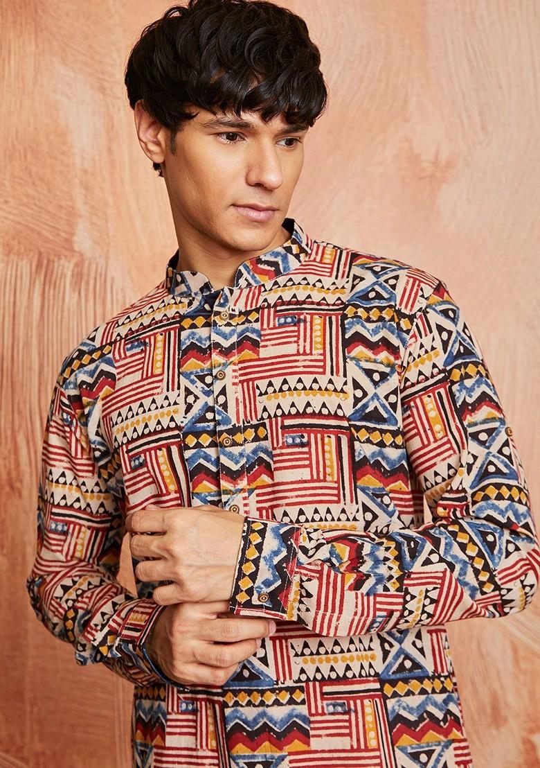 Beige Geometric Print Cotton Kurta Set For Men