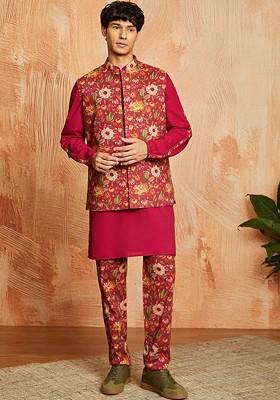 Fuchsia Pink Floral Print Poly Blend Kurta Set For Men