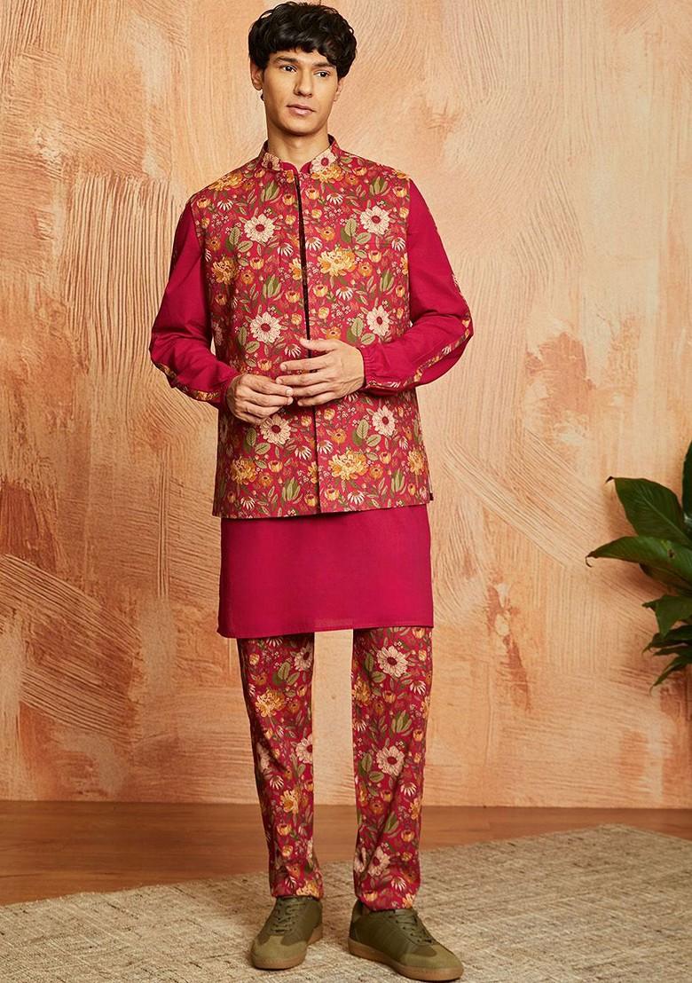 Fuchsia Pink Floral Print Poly Blend Kurta Set For Men