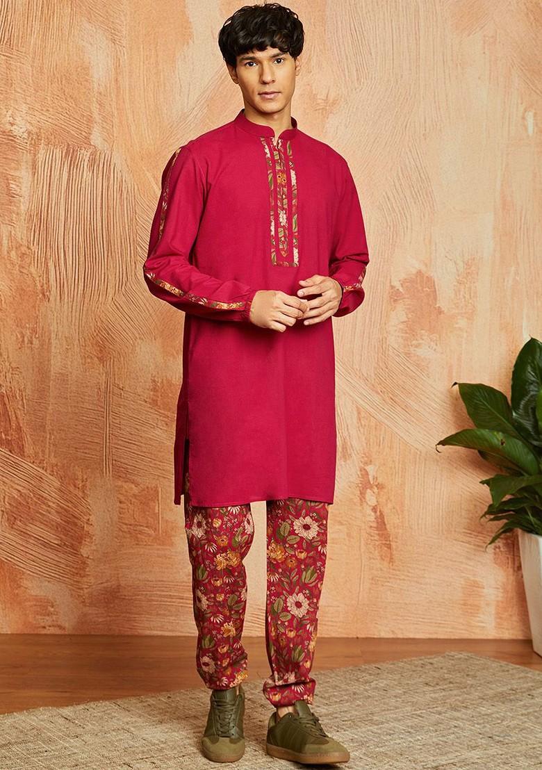 Fuchsia Pink Floral Print Poly Blend Kurta Set For Men