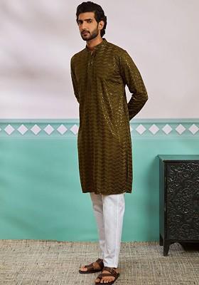Olive Embroidered Poly Blend Kurta Set For Men