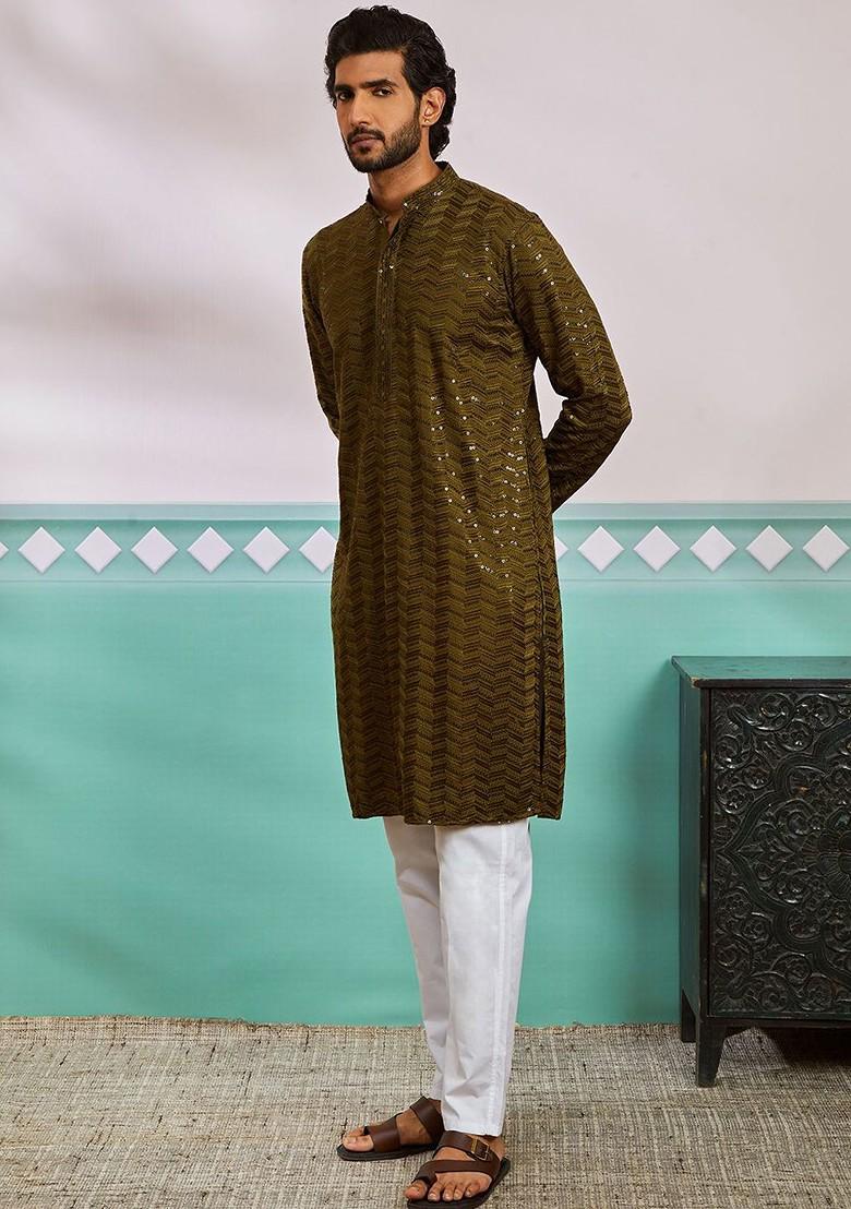 Olive Embroidered Poly Blend Kurta Set For Men