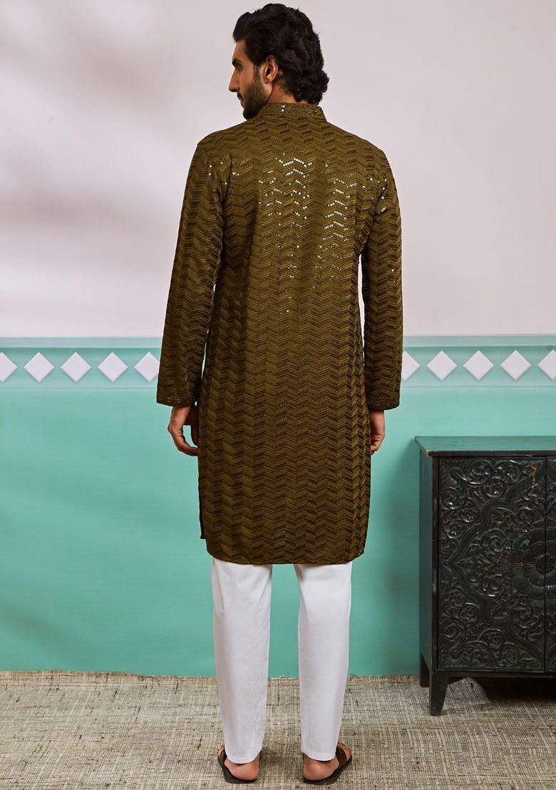 Olive Embroidered Poly Blend Kurta Set For Men