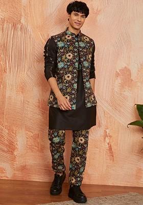 Black Floral Print Poly Blend Kurta Set For Men