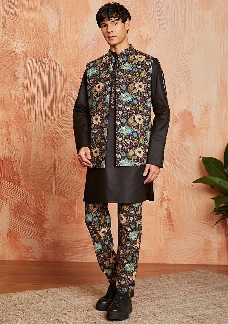 Black Floral Print Poly Blend Kurta Set For Men