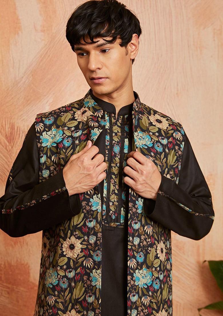 Black Floral Print Poly Blend Kurta Set For Men